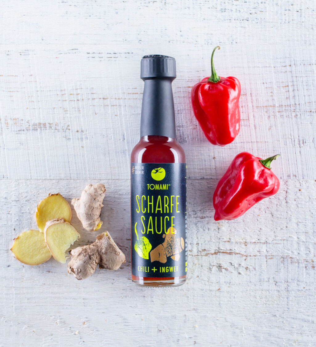 TOMAMI Scharfe Sauce CHILI+INGWER • 90 ml • mit Zutaten