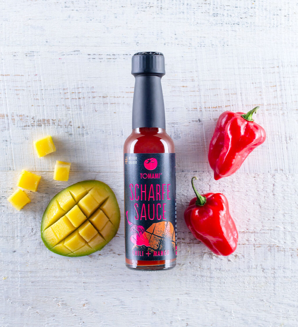 TOMAMI Scharfe Sauce CHILI+MANGO • 90 ml • mit Zutaten